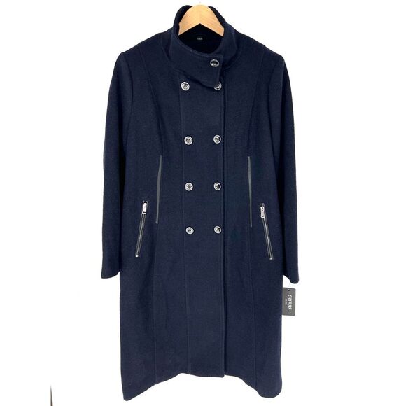 GUESS Funnel Neck Peacoat Womens Size XL Trench Coat Navy‎ Double Breasted Long - Picture 1 of 16